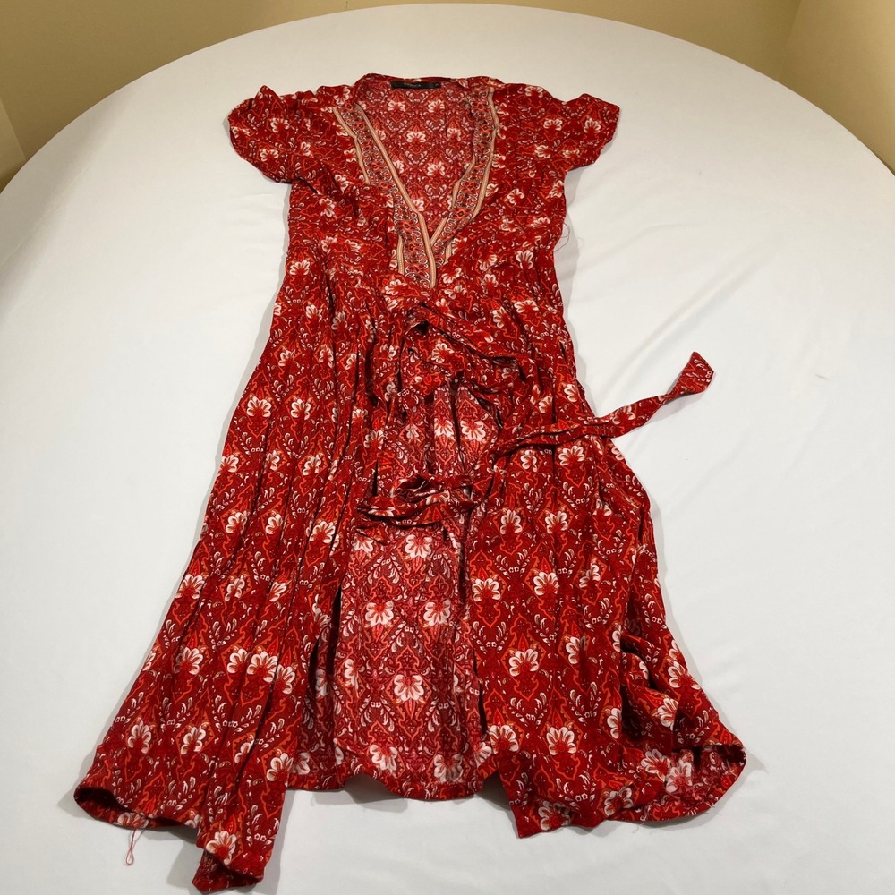 Zesica Wrap Dress Womens Small Red Floral Paisley Short Sleeve V-Neck Midi